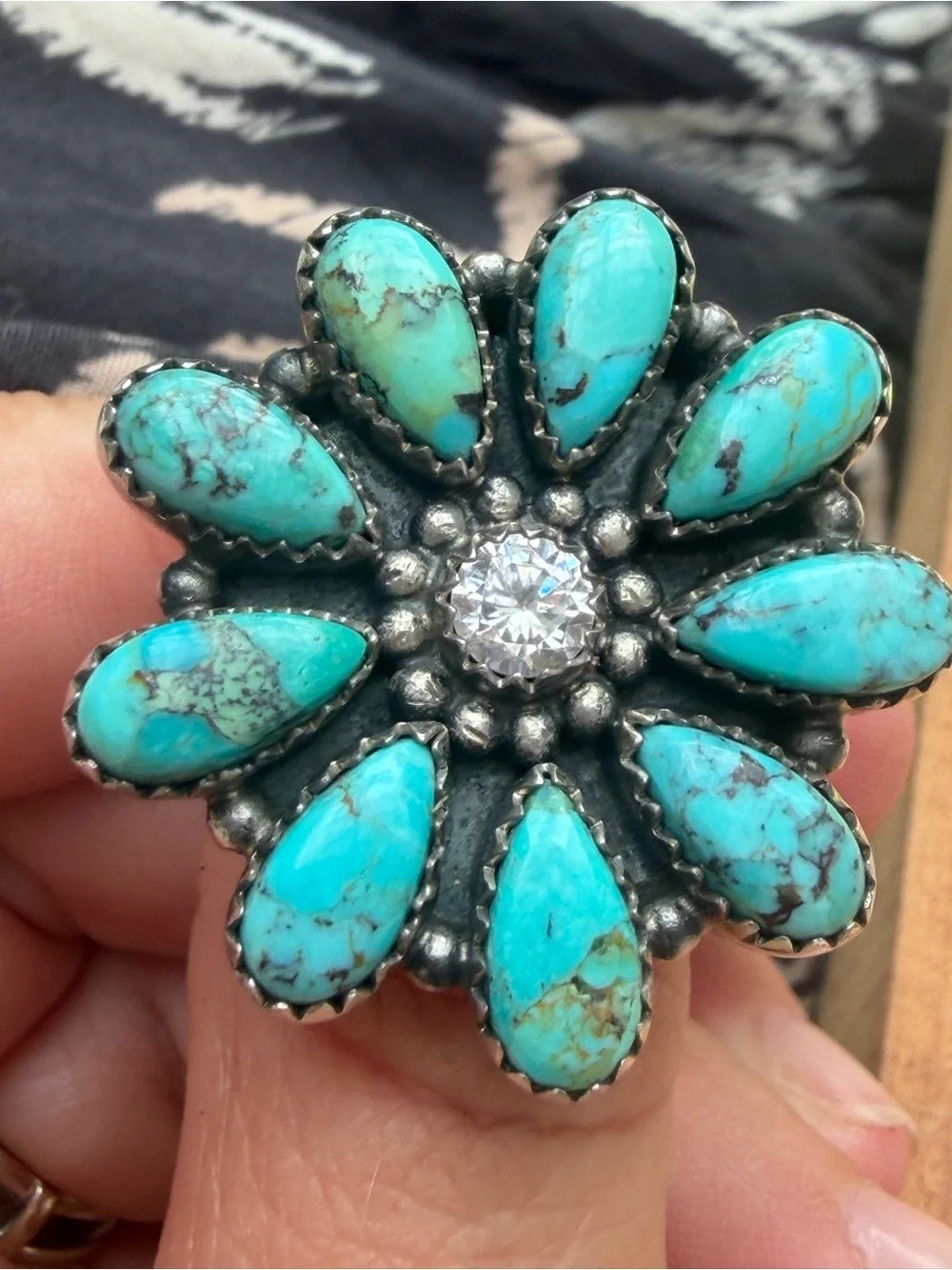 925 Sterling Silver Turquoise Teardrop Flower Statement Ring - southwestern boho